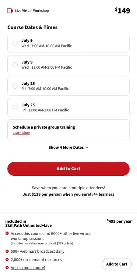 registration page for live virtual workshop through skillpath unlimited + live pass, customer service training program
